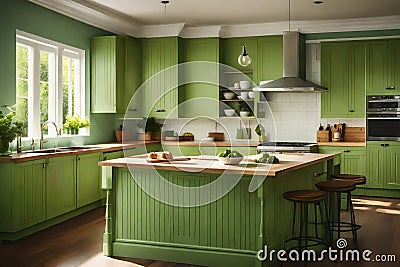 A Photograph of a cozy kitchen interior with a soothing light green color scheme Stock Photo