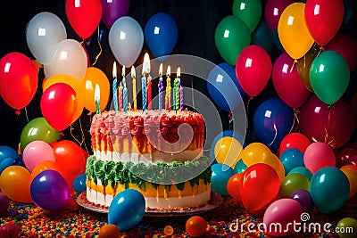 A photograph of an exuberant birthday celebration with a towering cake aglow in vibrant candles, surrounded by cascading balloons Stock Photo