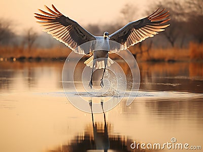 A Flying Common Crane Bird - Eurasian Crane - landing on Water with Reflection - Little Rann of Kutch, Gujarat, India Cartoon Illustration