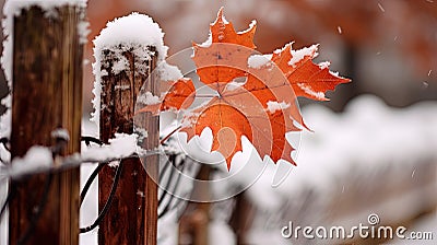 A photograph of a light dusting of snow on a wooden fence with a single maple leaf. Stock Photo