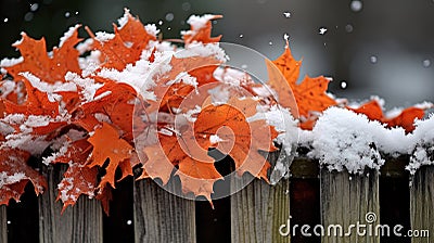 A light dusting of snow on a wooden fence with maple leaves. Stock Photo