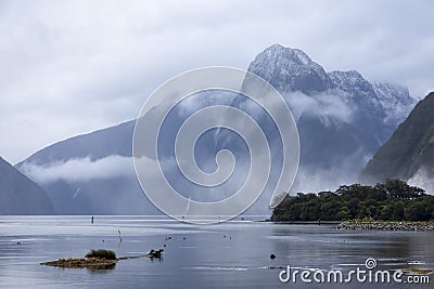 Photograph looking into Milford Sound from the boat harbour on the South Island of New Zealand Stock Photo