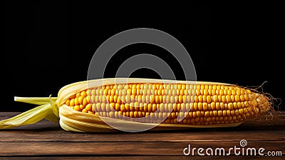 Photograph of Maize (Corn) Grain on Wood Background with Copy Space Stock Photo