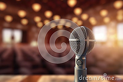 A photograph with the microphone in focus above the lecture hall lectern. Generative AI Stock Photo