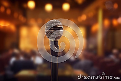 A photograph with the microphone in focus above the lecture hall lectern. Generative AI Stock Photo