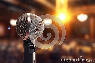 A photograph with the microphone in focus above the lecture hall lectern. Generative AI Stock Photo