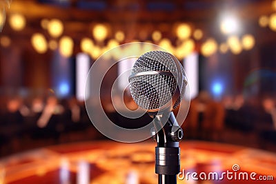 A photograph with the microphone in focus above the lecture hall lectern. Generative AI Stock Photo