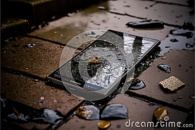 Photograph of a mobile phone with its screen broken on a rainy day Stock Photo