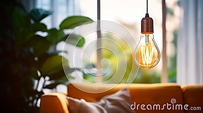 photograph of Modern hanging lamp light bulb in living room Stock Photo