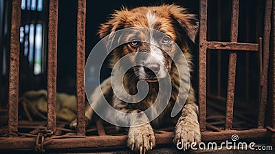 Photograph of poor abandoned dog in an old cage. Behind rusty bars. Stock Photo