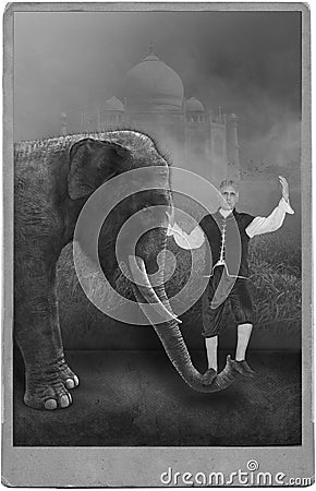 Vintage Circus Performer, Carnival, Elephant Stock Photo