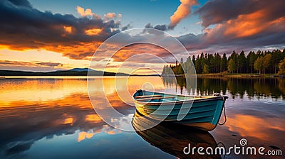 Photograph of a serene scene set at sunset on Lake Ringerike in Norway. A small boat, on calm waters, reflection of sky Stock Photo
