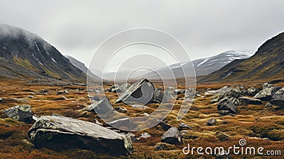 Moody And Evocative Landscape Photography: Tundra With Sharp Boulders And Rocks Stock Photo