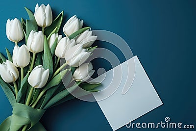 Photograph Of Top View Of Copy Space And Blue Envelope And Bouquet Of White Tulips With Copy Paste Blue Background. Generative AI Stock Photo
