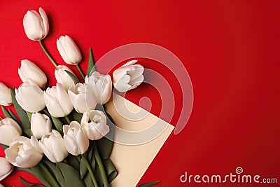 Photograph Of Top View Of Copy Space And Red Envelope And Bouquet Of White Tulips With Copy Paste Red Background. Generative AI Stock Photo