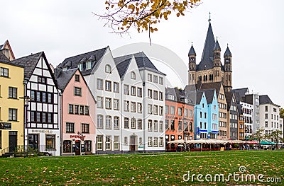 Great St. Martin Cathedral in Cologne with part of the old town buildings Editorial Stock Photo