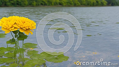 A photograph of a Yellow Marigold on a lakeside Stock Photo