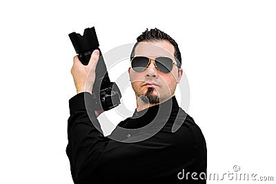 Photographer as a Special Agent on white backdrop Stock Photo