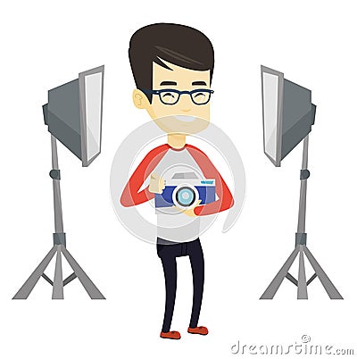 Photographer with camera in photo studio. Vector Illustration