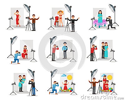 Photographer with camera photographing people set, photo session in studio vector Illustrations Vector Illustration