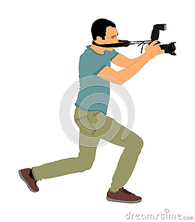 Photographer with camera vector illustration. Paparazzi shooting on the event. Photo reporter on duty. Sport photography. Cartoon Illustration