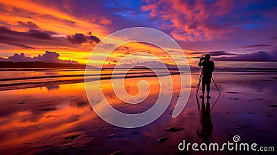 photographer capturing the moment of sunset on the ocean. Stock Photo
