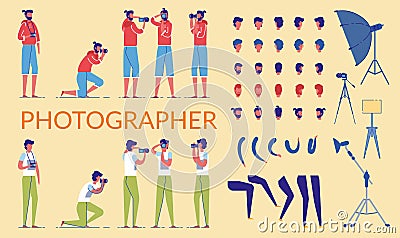 Photographer Character Constructor Kit or DIY Set. Vector Illustration