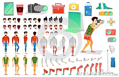 Photographer Character Creation Constructor. Man in Different Poses. Male Person with Faces, Arms, Legs, Hairstyles Vector Illustration