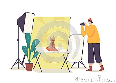 Photographer Character Make Photo of Thoroughbred Dog in Professional Studio with Light Equipment. Animal Photo Session Vector Illustration