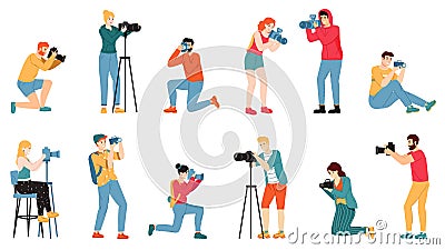 Photographer characters. Paparazzi, cameraman creative people take photo shot, reporters and journalists characters Vector Illustration