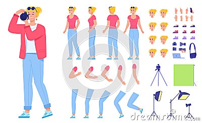 Photographer constructor. Woman cameraman with photo camera character kit, female journalist job animation, face and Vector Illustration