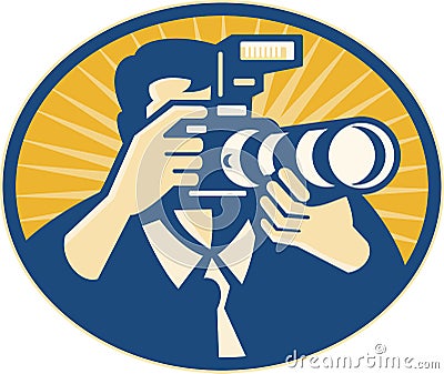 Photographer DSLR Camera Shooting Retro Vector Illustration