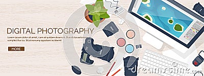 Photographer equipment on a table. Photography tools, photo editing, photoshooting flat background. Digital photocamera Vector Illustration