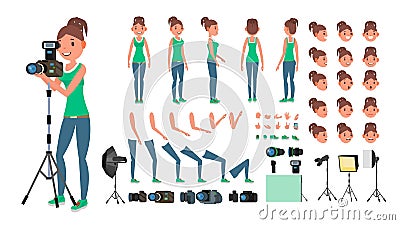 Photographer Woman Vector. Taking Pictures. Animated Female Character Set. Full Length. Accessories, Poses, Face Vector Illustration