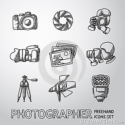 Photographer freehand icons set with - shutter Vector Illustration