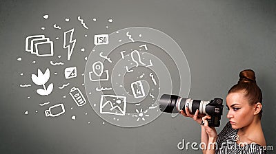 Photographer girl capturing white photography icons and symbols Stock Photo