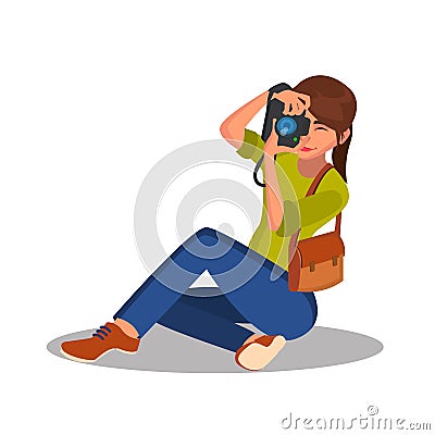 Photographer Girl Vector. Photographic Camera. Reporter, Journalist, Blogger, Paparazzi. Cartoon Character Illustration Vector Illustration