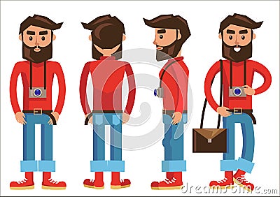 Photographer with Hanging Camera in Various Poses Vector Illustration