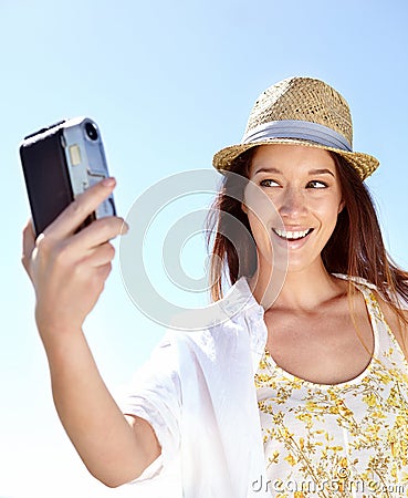 Photographer, happy woman or camera selfie in holiday location, summer vacation or Germany sightseeing break. Smile Stock Photo