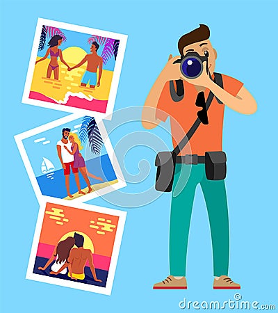 Photographer and His Works Pictures of Merry Couples Vector Illustration