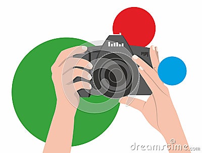 The photographer holds a camera in his hands, ready to take a good picture. Vector flat logo design for operators, reporters. Vector Illustration