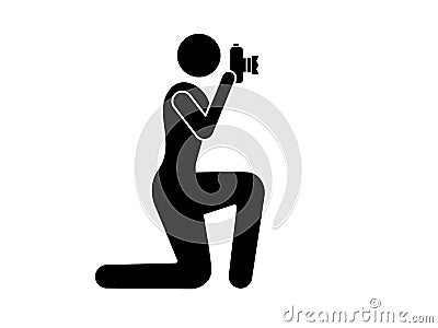 Photographer makes photo icon. Black abstract character kneeling holding camera and filming fascinating scene paparazzi at work Vector Illustration