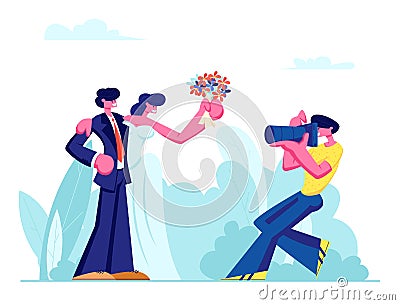 Photographer Making Picture of Young Couple of Bride in White Dress Holding Flowers Bouquet and Groom in Suit on Wedding Vector Illustration