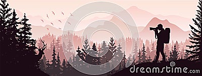 Photographer on meadow in forest take picture of deer. Silhouette of tree, man, animal, mountains. Wild nature landscape. Horizo Vector Illustration