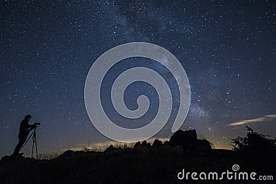 Photographer and milky way in Camprodon, Pyrenees, Spain Editorial Stock Photo