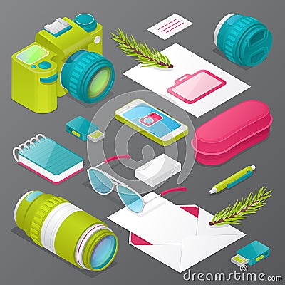 Photographer Mockup with Camera, Lens and Accessories. Identity Stationary Elements Vector Illustration