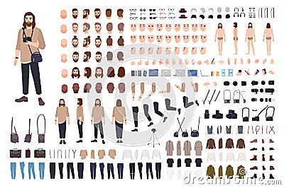 Photographer or photo journalist constructor kit or avatar generator set. Bundle of body parts, casual clothes Vector Illustration