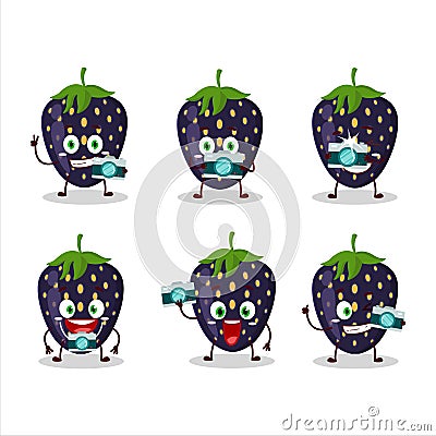 Photographer profession emoticon with black strawberry cartoon character Vector Illustration