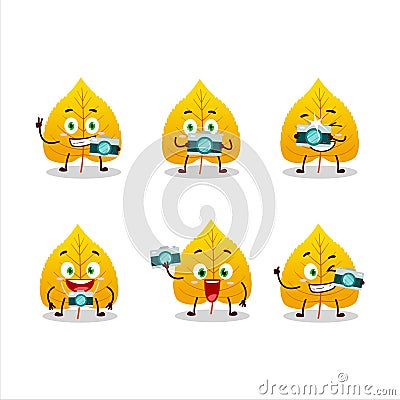 Photographer profession emoticon with yellow dried leaves cartoon character Vector Illustration