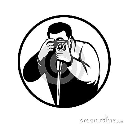 Photographer Shooting With Digital SLR Camera Retro Black and White Vector Illustration